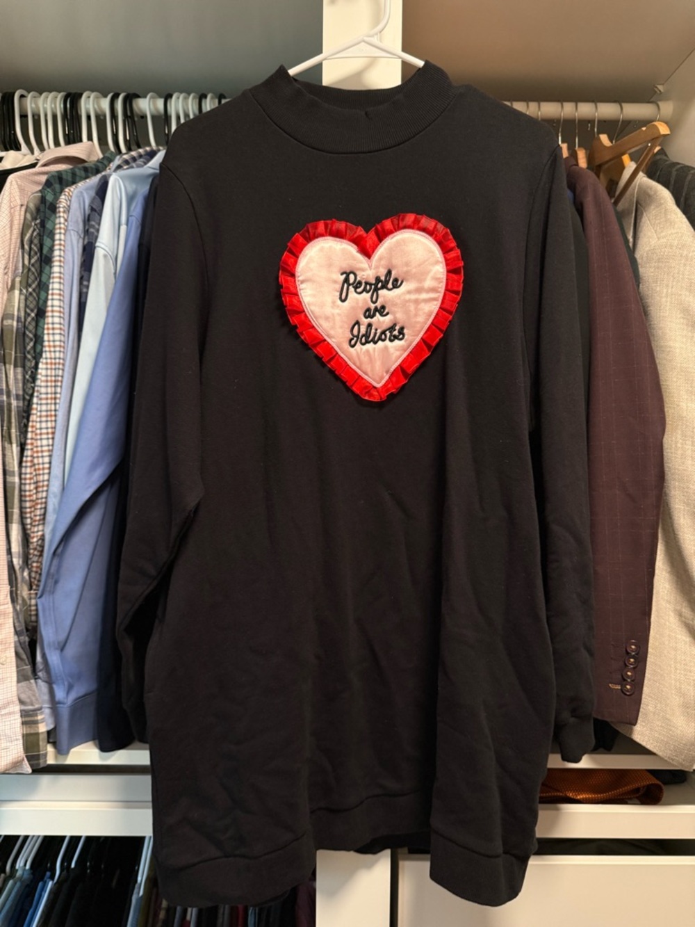 Lazy Oaf “People are Idiots” Black Sweatshirt Dress Pink Heart Patch Red Ruffle